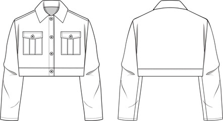 Women's Utility Trucker Crop Jacket. Jacket technical fashion illustration. Front and back, white color. Unisex CAD mock-up.