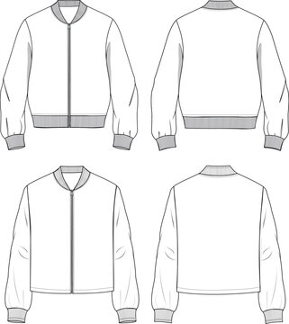 Women's Zip-up Bomber Jacket Set. Technical fashion illustration. Front and back, white color. Unisex CAD mock-up.