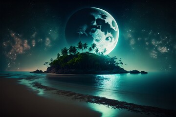Fototapeta na wymiar moon over the sea - night at the island = wild life with palm trees fantasy style