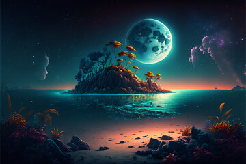 moon over the sea - night at the island = wild life with palm trees fantasy style illustration