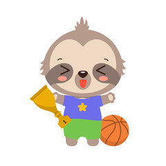 Cute sloth athlete holding award sport cup. Cartoon sloth basketball player school child. Animal kawaii sloth elementary student. PE school subject. Little champion sport trophy winner.