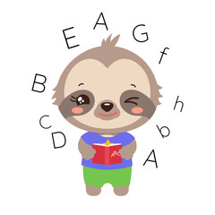 School student sloth holding a textbook. Elementary pupil little sloth kawaii animal. English language abc learning. Primary school subject vector. Education clipart. Teachers resources.
