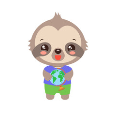 School student sloth holding a globe. Social studies learning. Elementary pupil little sloth kawaii animal. Primary school geography subject vector. Education clipart.