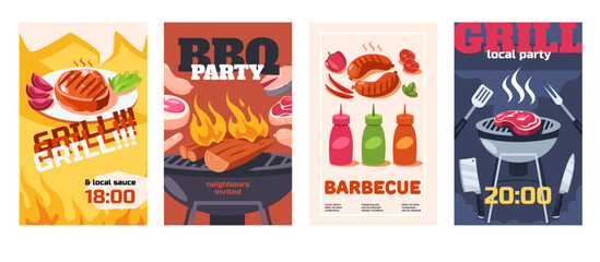 Grill party poster. Barbecue flyer templates with equipment for cooking and grilled roasted meat, outdoor picnic or cookout event invitations. Vector cartoon set