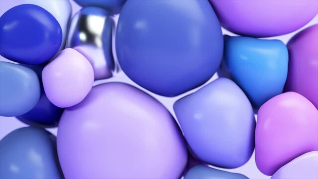  The blue purple and metal spheres collide and change shape. Soft round flying balls. Rubber. 3d animation