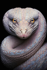 Un python albinos à la peau plaquée rose et aux yeux brillants illuminés.