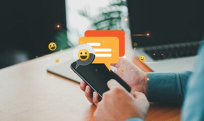 Businessman use smartphones feedback satisfaction social media marketing promotions and customer service satisfaction survey applications choose the rating review 5 stars. Promote the best product