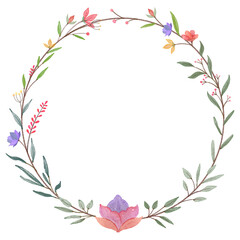 Fototapeta na wymiar Flower wreath watercolor hand paint, Floral wreath with leaves frame, Cute hand drawn floral wreath watercolor clipart transparent png 