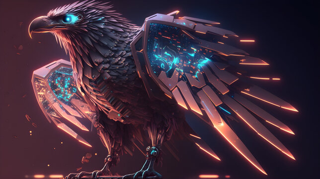 eagle half robot, cutting edge style, neon and lasers. mixture of animal and robot, cyborg animals.