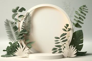 Product display podium for natural product. Empty scene with tropical leaves. Generative ai - obrazy, fototapety, plakaty