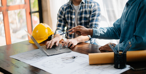 Engineer Teamwork Meeting, Drawing working on blueprint meeting for project working with partner on...