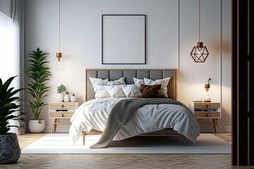 Clean White bedroom with natural light comfortable for sleep. Generative AI