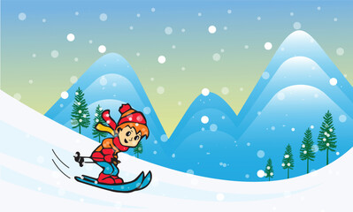 Vector Illustration Of Children Skiing