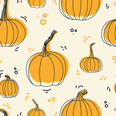 Seamless pattern with doddle's pumpkins. Perfect pumpkins for autumn print, Halloween invitations, greeting card, postcard, poster, textile, print etc