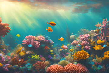 Fototapeta na wymiar Beautiful Underwater World With Beautiful Corals Lights Shining From Above The Water Surface, created with generative AI technology