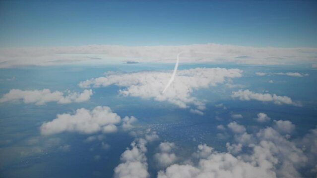 F-18 fighter jet flying above the clouds, armed with missiles. Computer animation