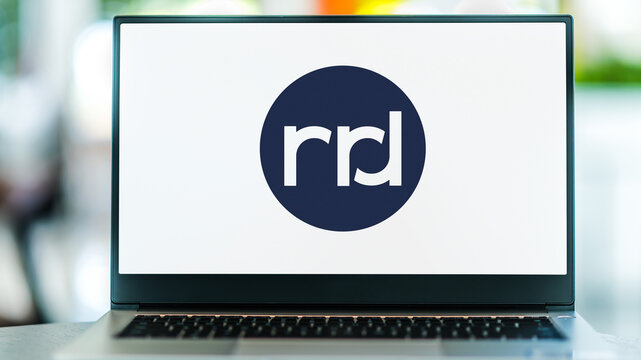 Laptop computer displaying logo of R.R. Donnelley