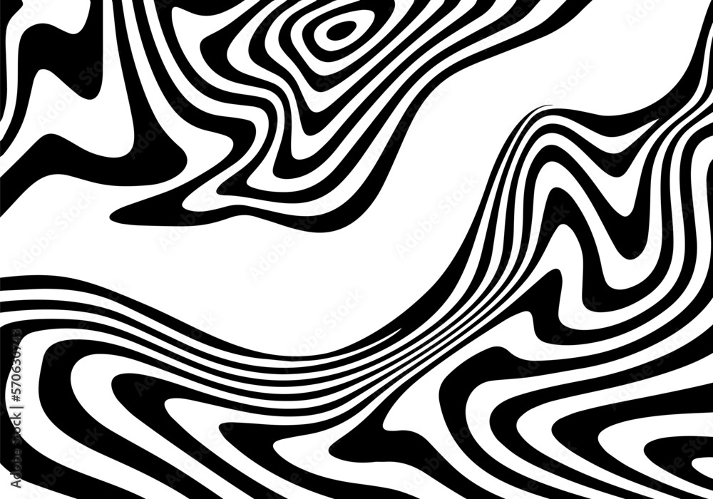 Poster vector illustration of monochrome psychedelic flow with stripes. 3d ripple wave effect. optical illu