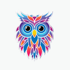 Cute owl sticker with white stokes. Colorful gradient owl icon on paper on white background with shadow. Vector trendy illustration. Character design gradient style sticker with color drawings.