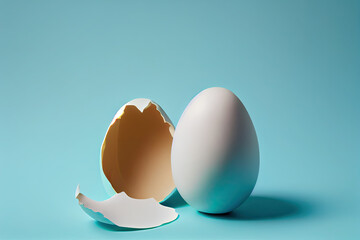 Eggs and egg shells on a blue background.