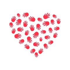 Hands, palms, print. The shape of the heart. Silhouette of the palm. Fingers of the hand of a person. Design concepts of help, support, love. Drawing. Vector Graphics. 