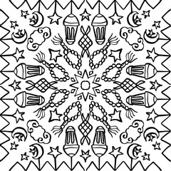 Seamless pattern doodle Eid Mubarak Muslim festival background. Black and white.