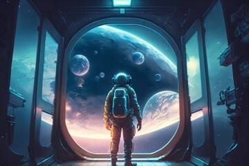 Space in the future, outer space with astronaut looking outside  - obrazy, fototapety, plakaty