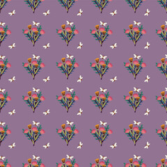Vector seamless pattern, texture with a bouquet of flowers and bees on a purple background