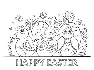 Sketch hens with eggs coloring page for decorative design. Natural background. Cartoon illustration.
