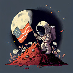 illustration of an astronaut putting flag for graphic element/sticker/t shirt design ideas.Generative AI Technology