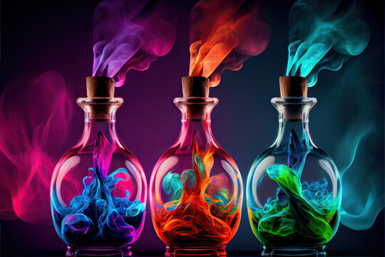 Colorful smoke coming out of glass bottles.