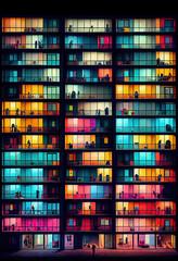 Apartment buildings with many windows and colorful lights.