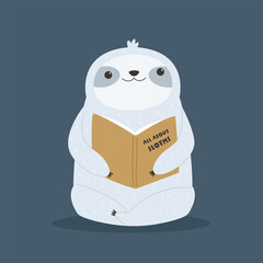Vector illustration of a funny sloth sitting with a book. Cute mascot, animal character © danceyourlife