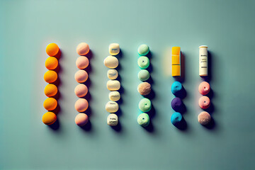 Small colorful pills on light blue background.