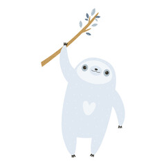 Vector illustration of a cute sloth hanging on a tree. Funny tropical animal character, mascot.