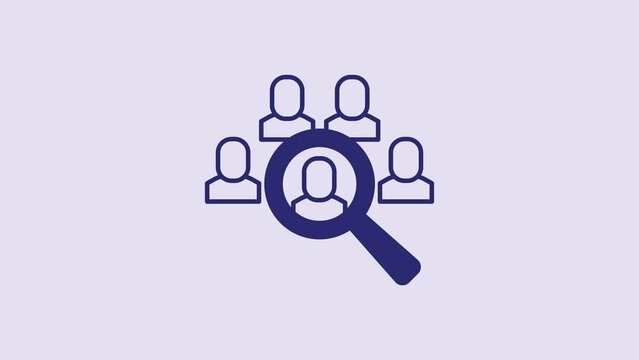 Blue Magnifying glass for search job icon isolated on purple background. Recruitment or selection concept. Search for employees and job. 4K Video motion graphic animation
