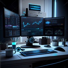 Naklejka premium Modern Stock Trading Setup with LED RGB Lights and High-Tech Computer-AI Generated