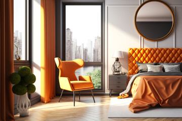 Wooden orange bedroom interior, bed linen and pillows, front view, parquet by the window overlooking the city. Mirror and chair with table. Idea for interior design. AI