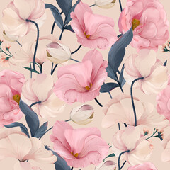 Eustoma Floral Watercolor Seamless Pattern. Good for print, Wallpaper, fashion and more. 