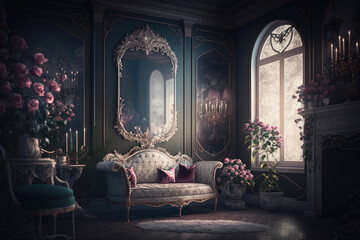 Princess room with elegant sofa, Generative AI