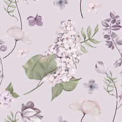 Lilac Floral Watercolor Seamless Pattern. Hand painted Design For print, fabric, fashion, Wallpaper and more. 