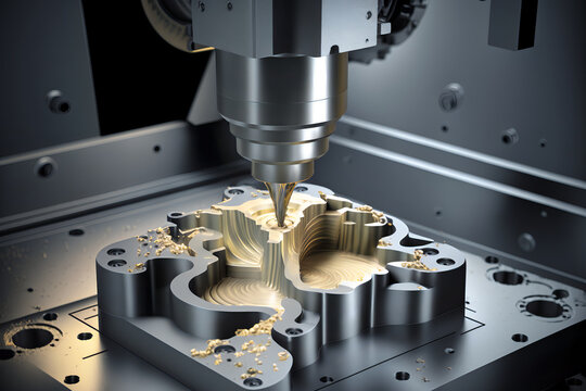 Modern CNC milling machine in action, highlighting precision and efficiency of advanced manufacturing technology. Abstract tech-oriented background emphasizes automation in Industry 4.0. Generative AI