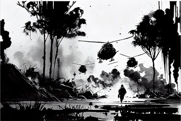 A black and white pen illustration of a battlefield scene during the Vietnam War with Helicopters in the sky. AI Generative Art.