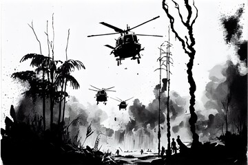 A black and white pen illustration of a battlefield scene during the Vietnam War with Helicopters in the sky. AI Generative Art.