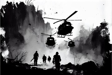 A black and white pen illustration of a battlefield scene during the Vietnam War with Helicopters in the sky. AI Generative Art.