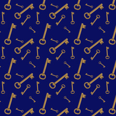 Pattern old skeletal brass key on blue background.