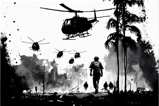 A black and white pen illustration of a battlefield scene during the Vietnam War with Helicopters in the sky. AI Generative Art.