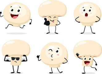 Set of Champignon Mushroom cartoon. Isolated on white background
