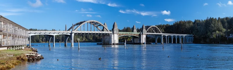 Fotobehang Panoramic view of the Siuslaw River Bridge and the buildings on the left bank, on a sunny afternoon © Marquicio