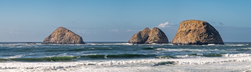 Huge rock formations seen from the beach at Symons State Scenic Viewpoint, Oregon